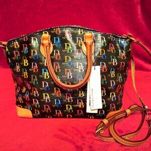 Dooney & Bourke black leather satchel with colored monograms, brand new w/ tags